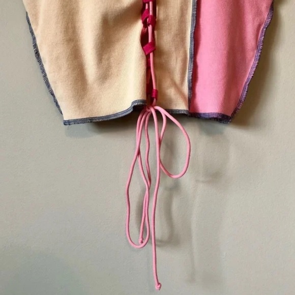 Shein Lace Tie Up Patchwork Cleavage Cropped Sleeveless Crop Tank Top Cream - Picture 4 of 11